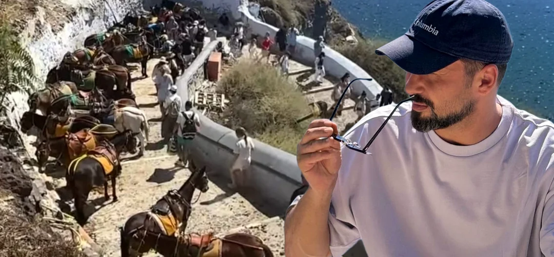 Alexandru Constantin a vizitat Santorini. Măgărușii sunt folosiți pentru transportul turiștilor și căratul bagajelor grele Foto: arhiva personală
