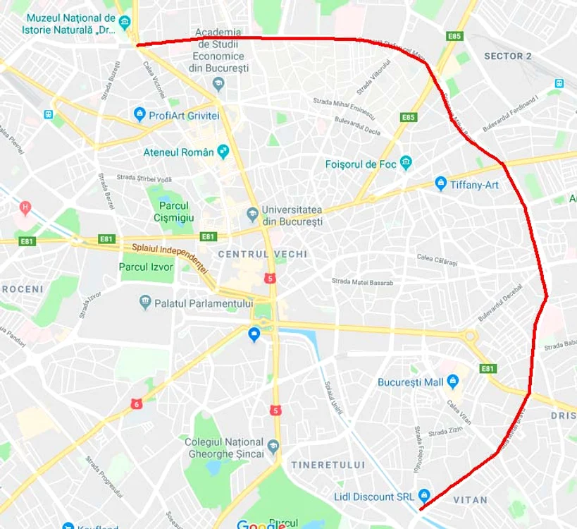 
    Traseul 3 începe din Calea Victoriei și ajunge pe Bd. Națiunile Unite  