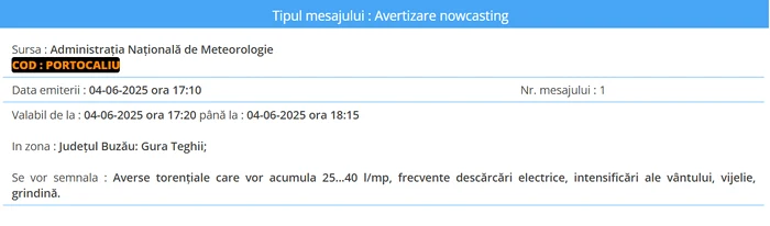 Cod portocaliu de averse torențiale în județul Buzău. FOTO: meteoromania.ro