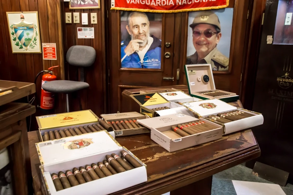 Trabucuri cubaneze expuse la o fabrică cu tablouri ale fraţilor Fidel Castro şi Raúl Castro în fundal FOTO SHUTTERSTOCK