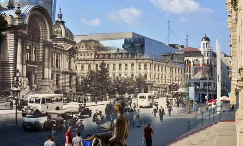 Tot Calea Victoriei şi traficul de odinioară şi de acum, în faţa Palatului CEC jpeg
