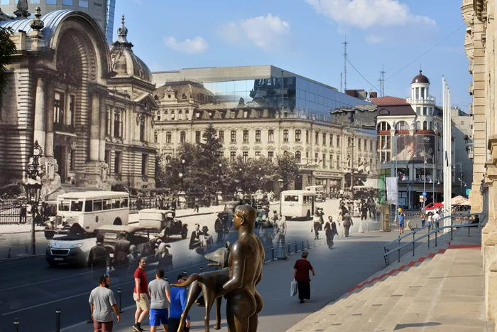 Tot Calea Victoriei şi traficul de odinioară şi de acum, în faţa Palatului CEC