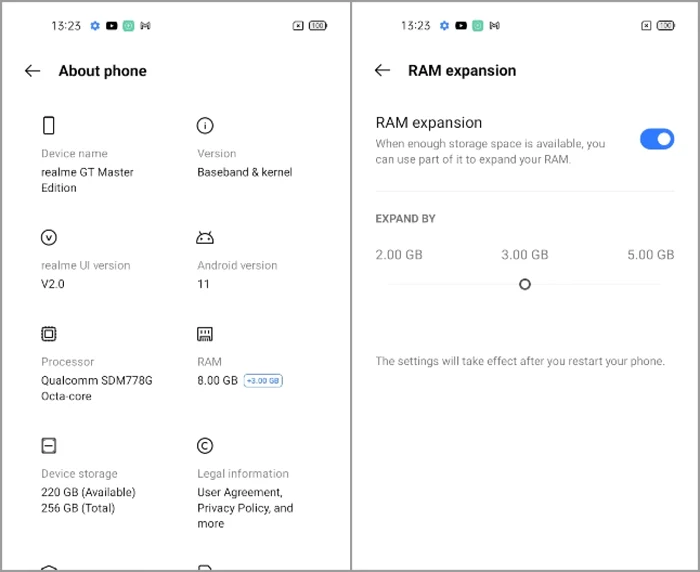 realme GT Master Edition specificatii si RAM expansion