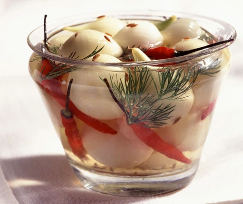Pickled onions with chili peppers and dill jpeg