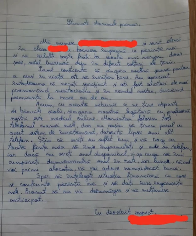 Primarul a postat scrisoarea primită de la elevă pe pagina sa de socializare