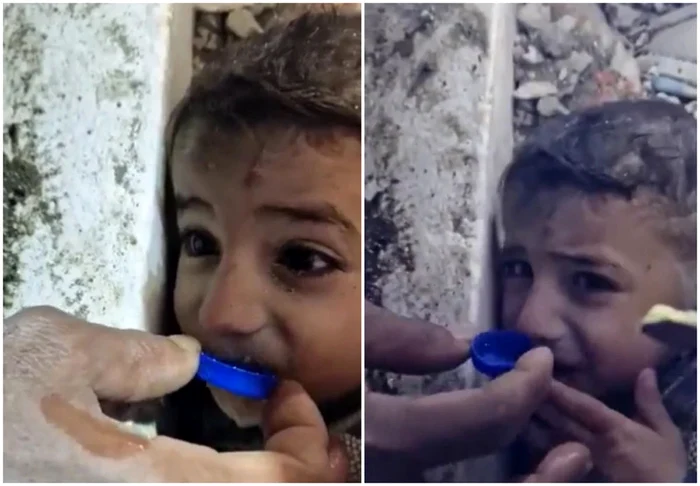 Copilul a fost filmat când primea apă în capacul de la o sticlă