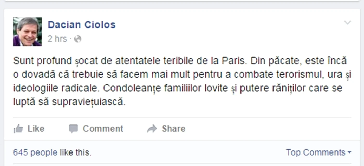 Premierul desemnat a transmis condoleanțe pentru familiile victimelor de la Paris