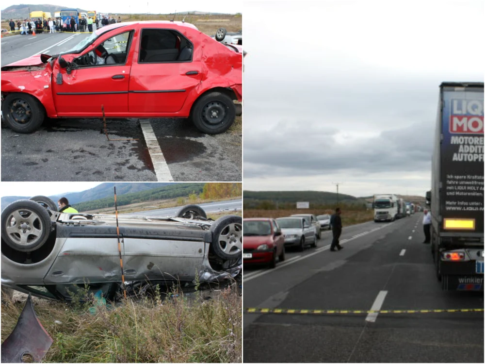 Loganul condus de polițist, mașina cu care s-a ciocnit și locul accidentului FOTO IPJ Sibiu