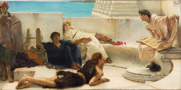 O lectură din Homer. Tablou de Lawrence Alma-Tadema, aflat în colecția Philadelphia Museum of Art (© Google Art Project / Wikimedia Commons)