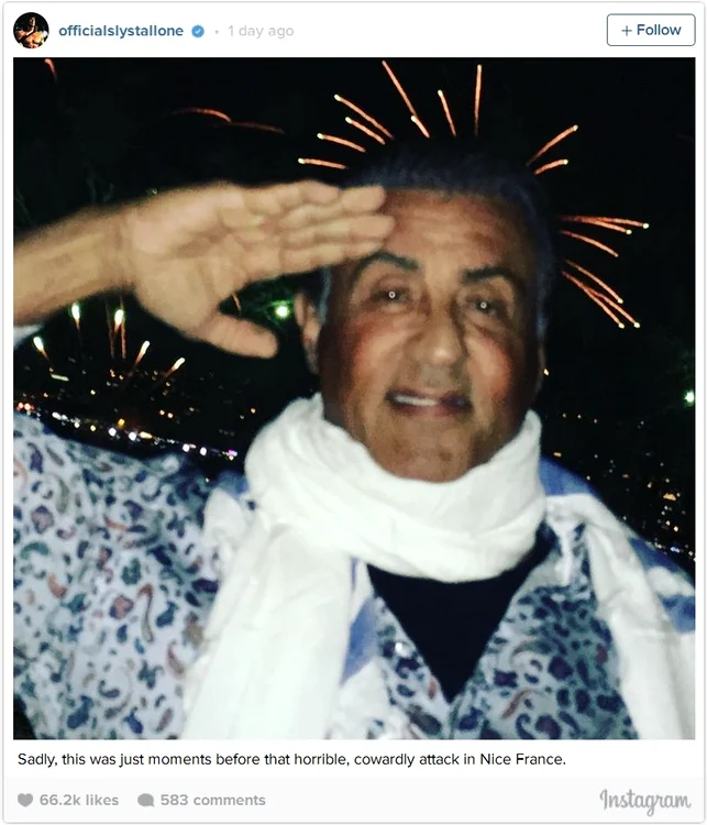 
    Starul din seria Rocky saluta militărește în timp ce artificiile brăzdau cerul Nisei. Instagram  