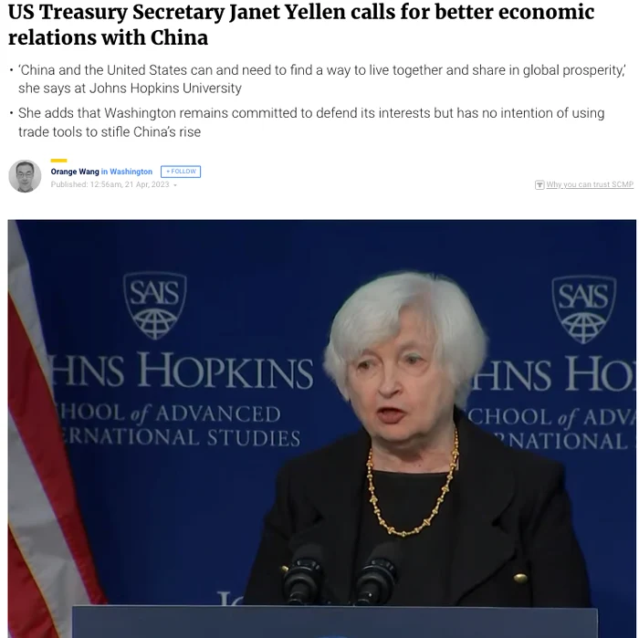 Secretarul Trezoreriei SUA, Janet Yellen, Universitatea Johns Hopkins. 