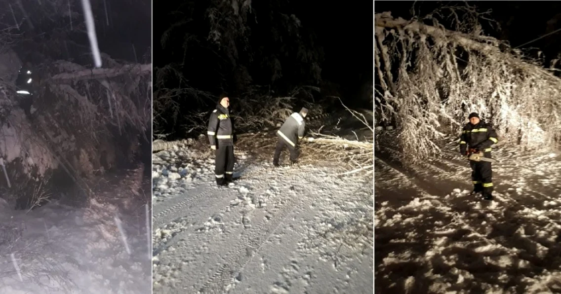 Iarnă pe drumurile din Vâlcea - copaci şi stâlpi căzuţi - circulaţie blocată - pompieri în acţiune Foto Adevărul