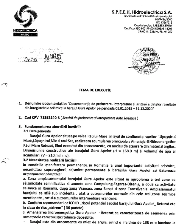 Tema de execuție, pentru serviciile de supraveghere seismică. Sursa: SEAP