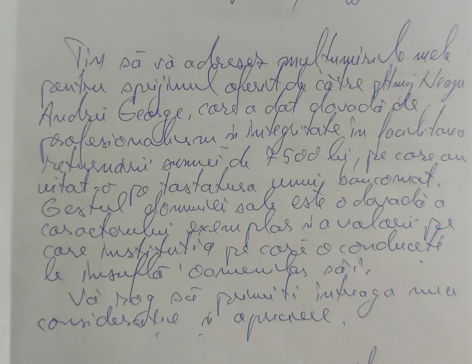 Mesajul de apreciere transmis de către bărbatul care și-a recuperat banii / Sursa foto: Jandarmeria 
