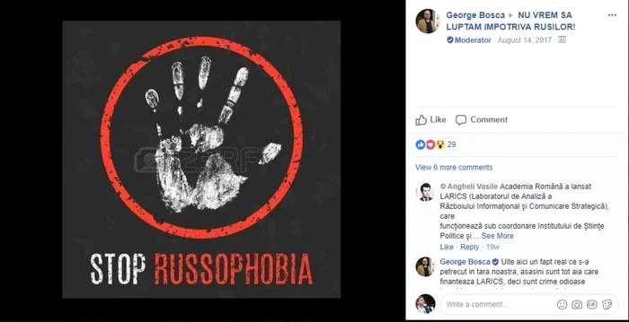 Campania STOP RUSSOPHOBIA lansată pe grupul NU VREM SA LUPTAM IMPOTRIVA RUSILOR în august 2017