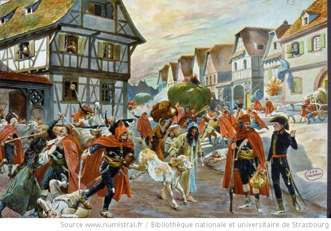 Atacul pandurilor asupra oraşului Brumath în 1793 FOTO numistral.fr/Biblioteque nationale et universitaire Strasbourg după o lucrare de Frederic Regamey