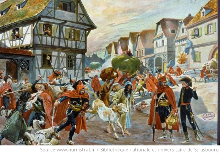 Atacul pandurilor asupra oraşului Brumath în 1793 FOTO numistral.fr/Biblioteque nationale et universitaire Strasbourg după o lucrare de Frederic Regamey