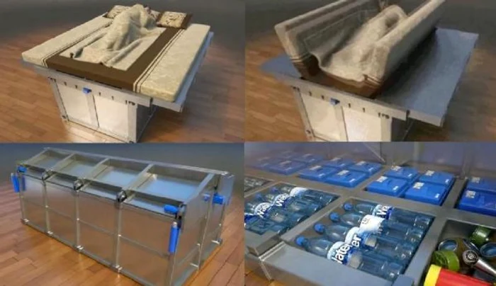 Patul anti-cutremur este prevăzut cu provizii pentru ca omul să poată supraviețui închis câteva zile