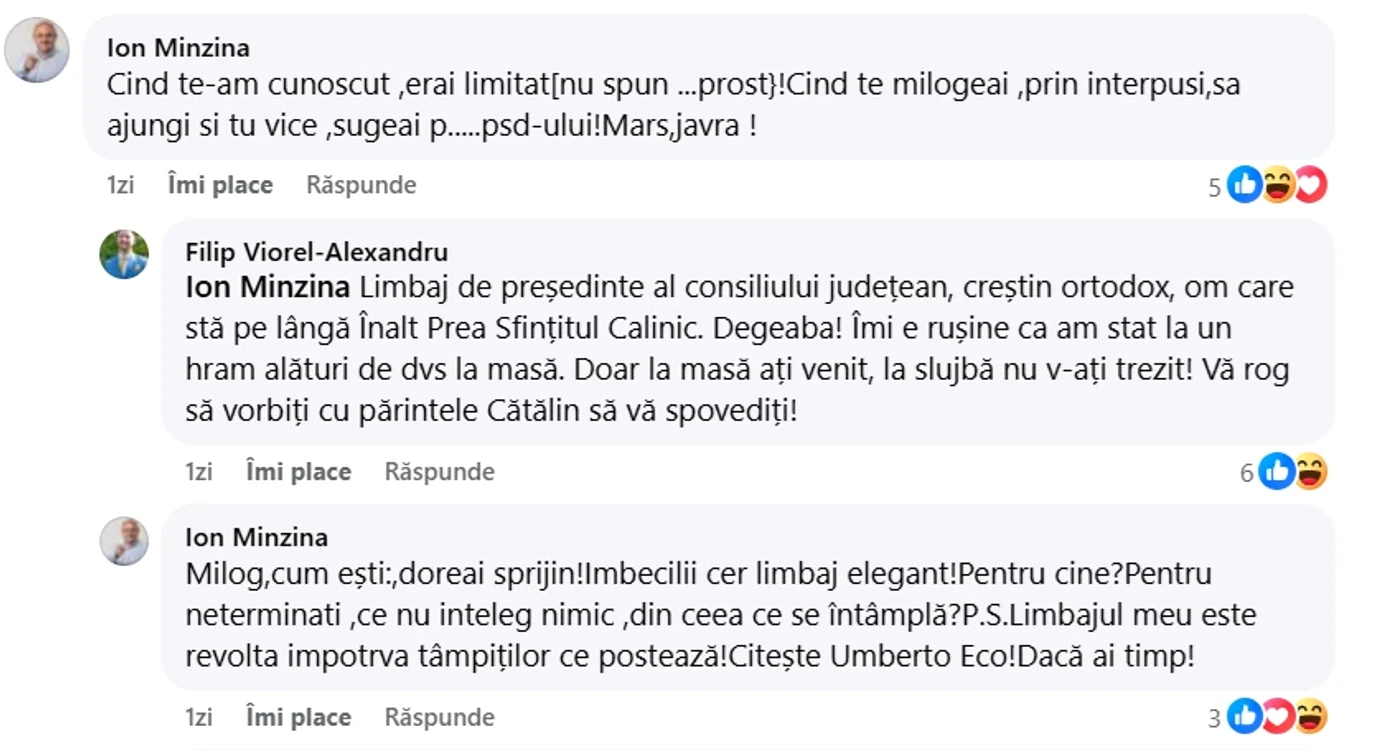 Discuția dintre Ion Mînzînă  și Viorel Filip Foto: Captură comentarii Viorel Filip/Facebook