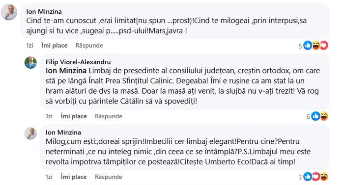 Discuția dintre Ion Mînzînă și Viorel Filip Foto: Captură comentarii Viorel Filip/Facebook