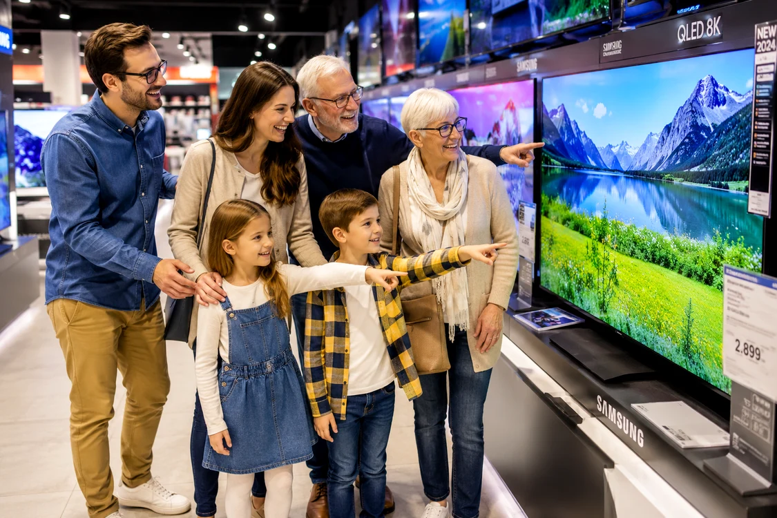 Trei generații - o familie - fascinate de un televizor QLED într-un magazin de electronice