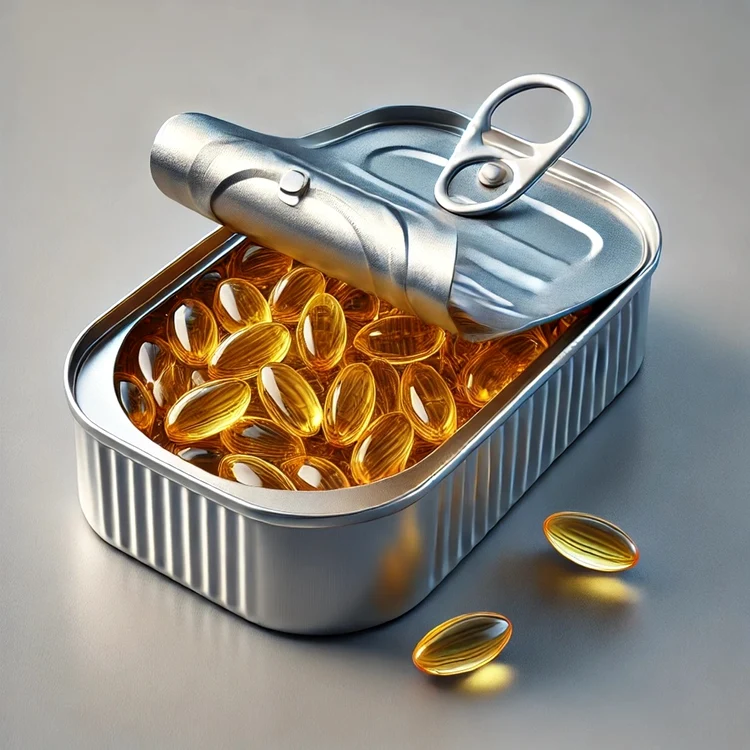 Cutie de conservă deschisă, plină cu capsule aurii de Omega-3 în loc de pește Foto DMS / Adevărul