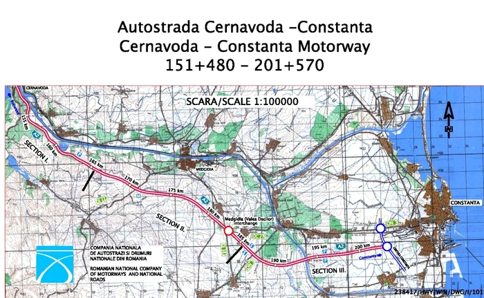 Harta Autostrăzii Soarelui pe tronsonul Cernavodă - Medgidia - Constanţa