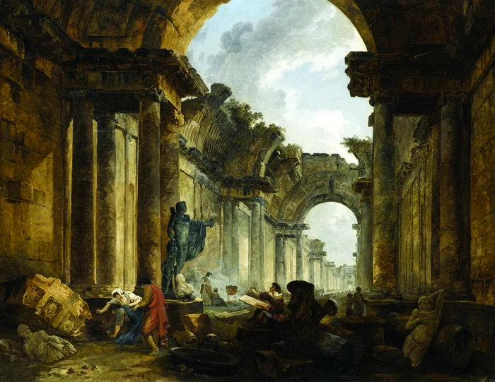 Hubert Robert, „Vedere a Marii Galerii a Luvrului în ruină”, 1796, Musée du Louvre, Paris