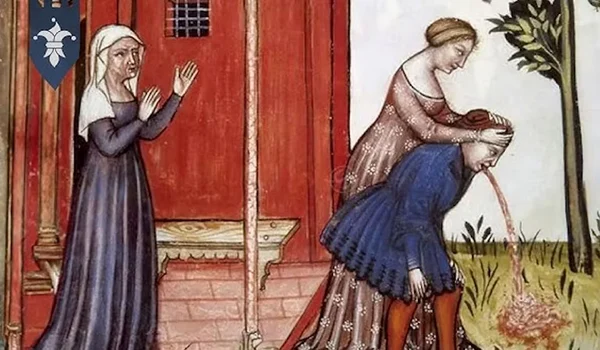 Provocarea vărsăturilor era unul dintre remediile pentru mahmureală prescrise în Evul Mediu. Miniatură din manuscrisul „Tacuini sanitatis”, aflat la Bibliothèque interuniversitaire de santé (Paris)