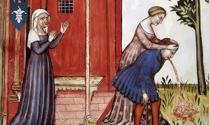 Provocarea vărsăturilor era unul dintre remediile pentru mahmureală prescrise în Evul Mediu. Miniatură din manuscrisul „Tacuini sanitatis”, aflat la Bibliothèque interuniversitaire de santé (Paris)