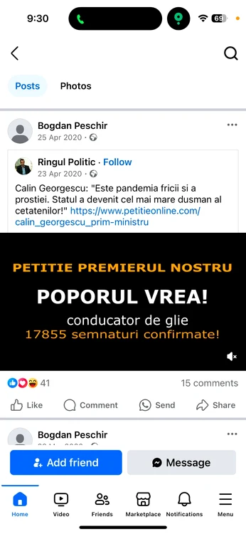 Bogdan Peșchir îl susține pe Georgescu din 2020. FOTO: Captura Fb
