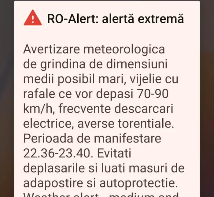 Locuitorii au primit mesaje RO-ALERT FOTO: FB