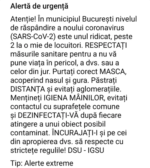 În București, gradul de infectare cu coronavirus este foarte ridicat, motiv pentru care populația este avertizată pin Ro-Alert să respecte măsurile de siguranță