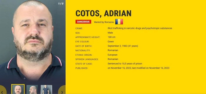 Adrian Cotoș e căutat din 2023 FOTO Europol