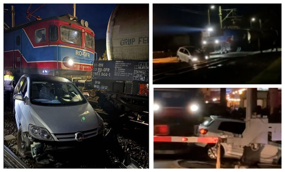 Momentul în care o maşină e lovită de tren, în Buşteni. Şoferul a reuşit să iasă la timp 