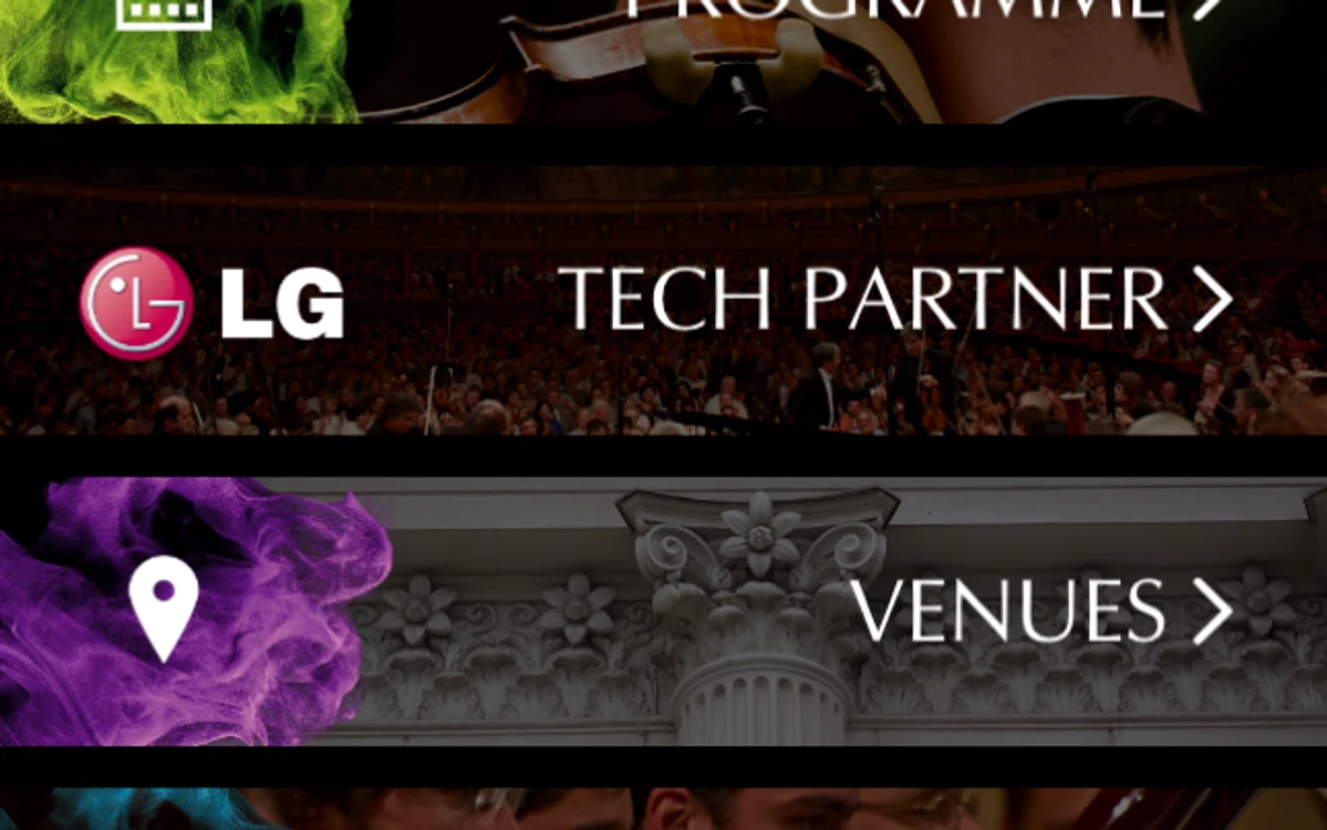 Meniul aplicaţiei speciale pentru Android a Festivalului „George Enescu“