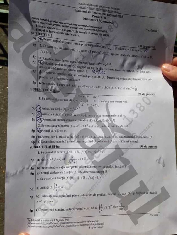 Subiecte matematică BAC 2015 sesiunea de toamnă. Profil mate info