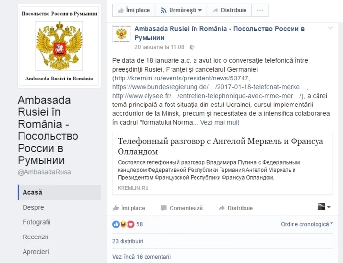 Printscreen Facebook Ambasada Rusiei la Bucuresti