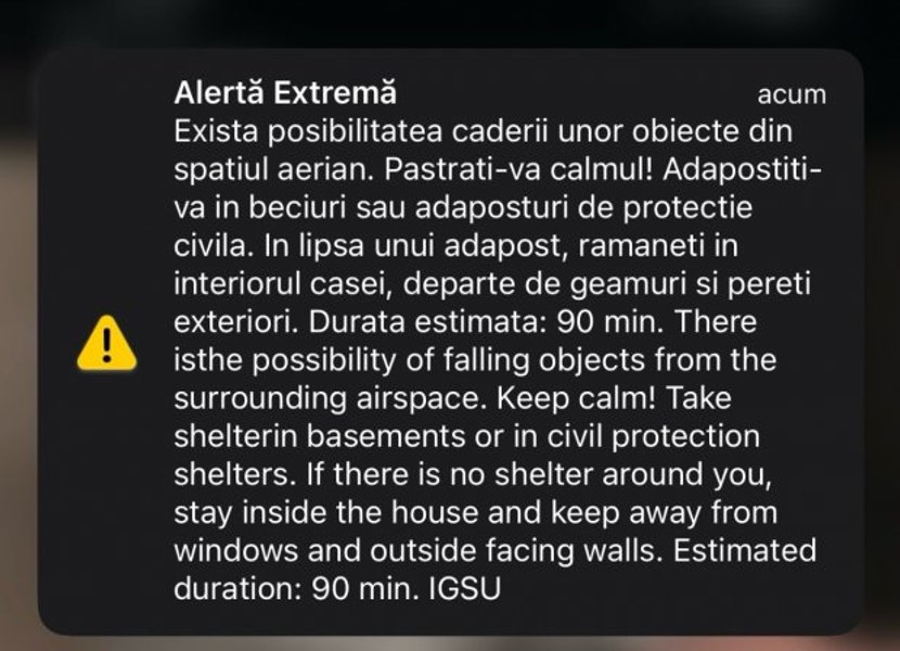 Mesaj Ro-Alert pentru Tulcea și Galați despre „căderea unor obiecte din spaţiul aerian“: Adăpostiți-vă în beciuri!