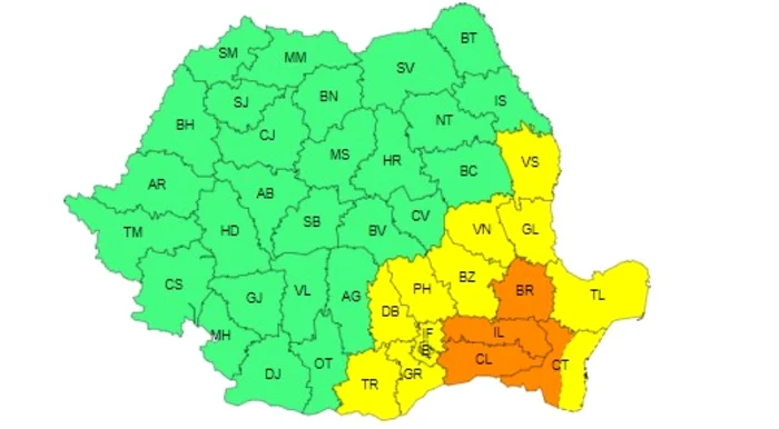 Harta județelor afectate de atenționările meteo de caniculă.
