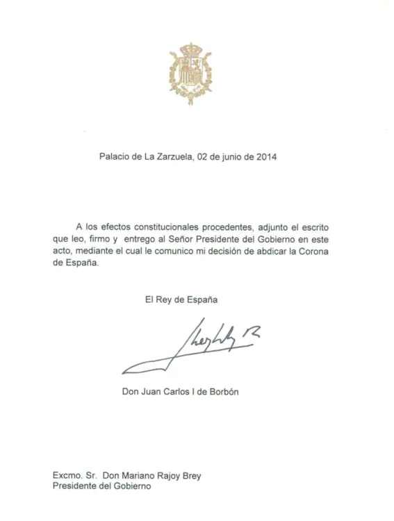 scrisoarea de abdicare a Regelui Juan Carlos FOTO El Pais