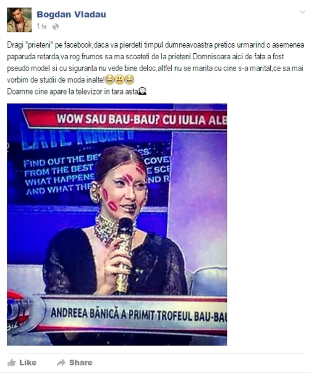 Textul publicat de Bogdan Vlădău pe pagina sa de Facebook