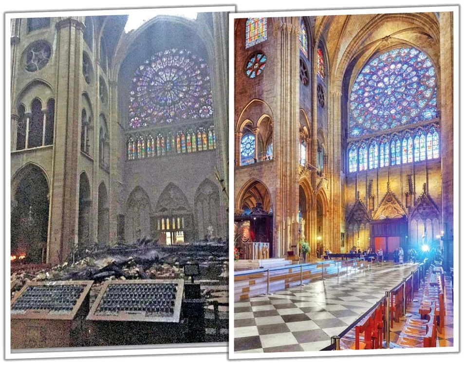 Roza de nord. Vitraliile au rezistat.  În centru se pot vedea  Fecioara Maria cu  Iisus în braţe, iar de jur  împrejur sunt imagini ale  regiilor și ale profeților  din Vechiul Testament 