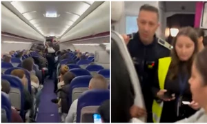 Wizz Air Craiova  doi pasageri, o femeie și un bărbat, au fost evacuați din avion deși ar fi avut bilete valabile FOTO: captură YouTube
