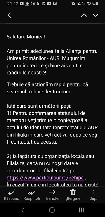 Monica Tatoiu a postat pe Facebook o parte din mesajul primit