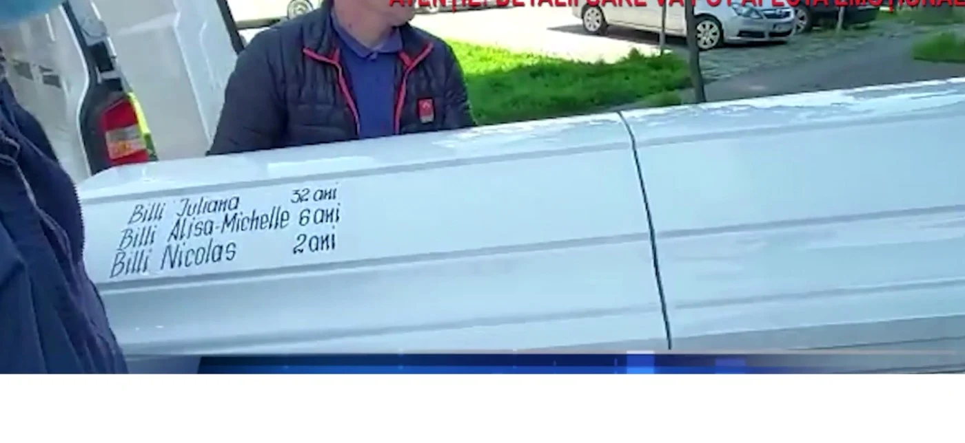 Sicriul în care se află trupurile mamei şi ale copiilor FOTO captură video Europa Nova