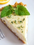 Piece of delicious homemade lemon cheesecake with mint close up jpeg