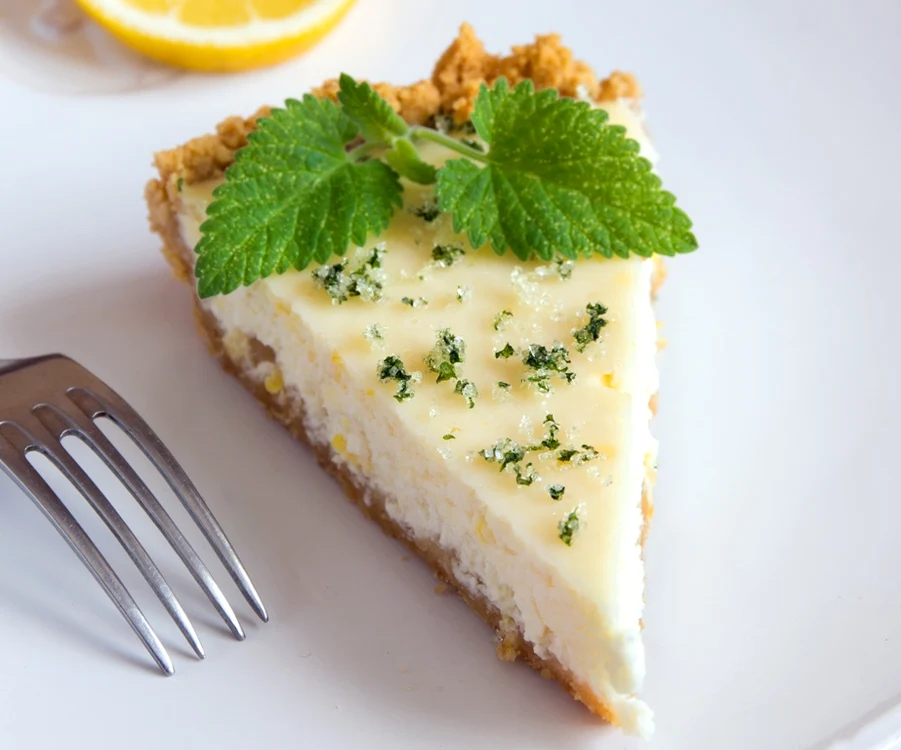 Piece of delicious homemade lemon cheesecake with mint close up jpeg