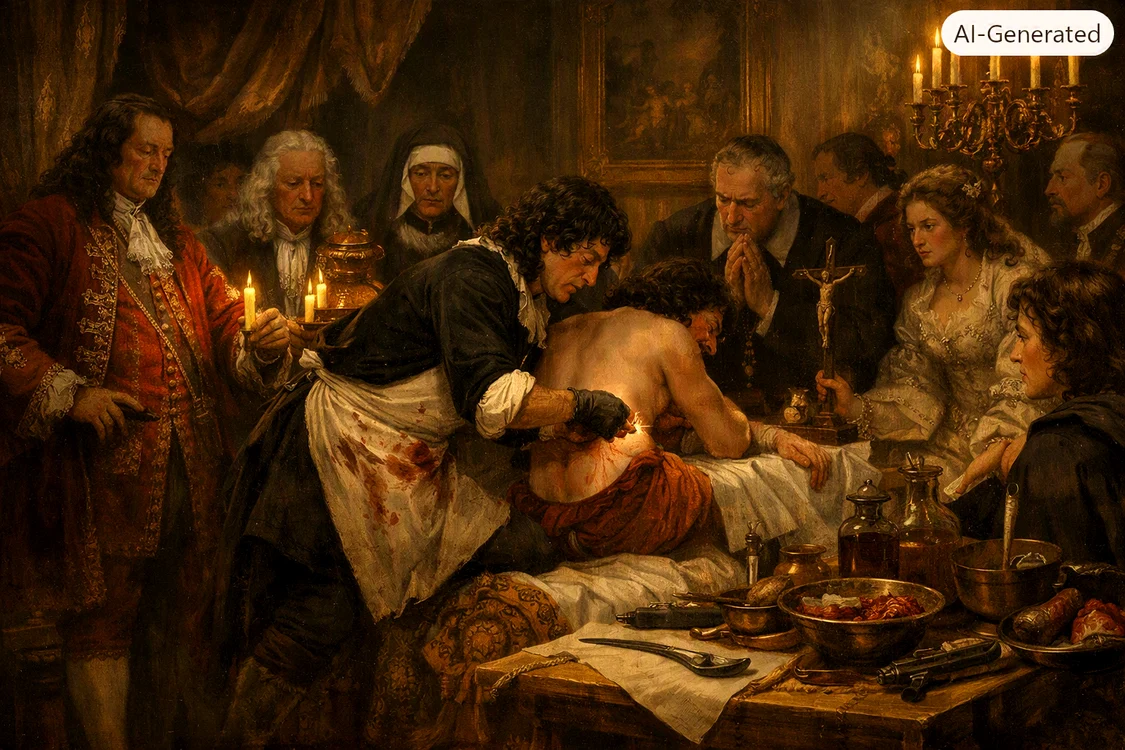 Regele Ludovic al XIV-lea și medicul său, Charles‑François Félix de Tassy. Imagine generată cu AI