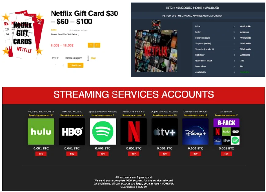 Prețuri conturi  servicii de streaming pe Dark Net. sursă Bitdefender